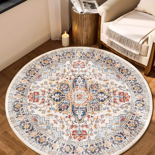 VK VK·LIVING Washable Round Rug 5ft Vintage Circle Area Rugs with Non-Slip Round Carpets for Living Room Bedroom, Stain Resistant Floor Carpets for Dining Home Office Boho Rug, Vintage Harbor