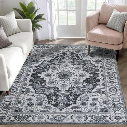 WILLSUN Washable Area Rugs, 3x5 Non-Slip Boho Large Area Rugs for Living Room, Bedroom, Machine Washable Vintage Rug, Indoor Floral Print Carpet for Home Decor, Kid & Pet Friendly Mat