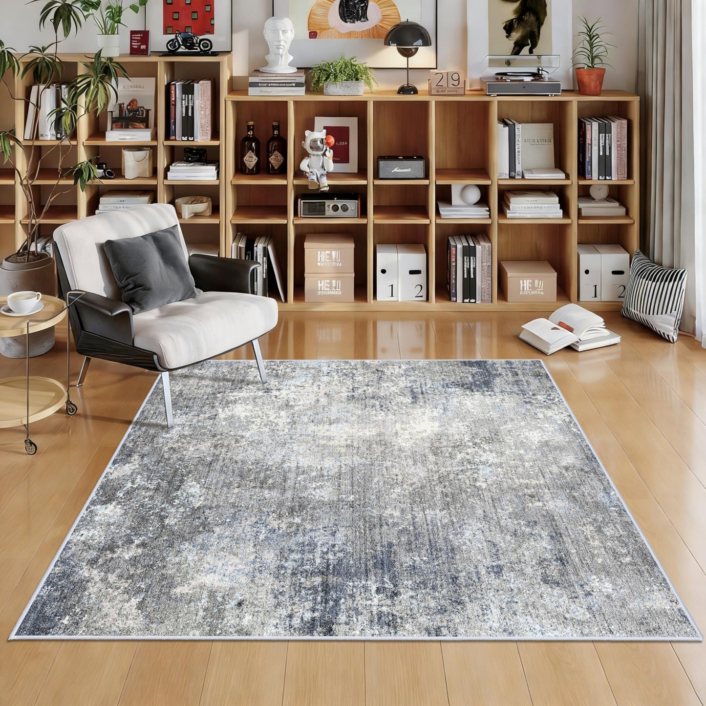 5x5 Rug Square for Living Room – Machine Washable Non-Slip Area Rug for Kitchen Entryway Bathroom – Modern Neutral Abstract Soft 5ft Indoor Carpet (Blue Grey, 5x5)