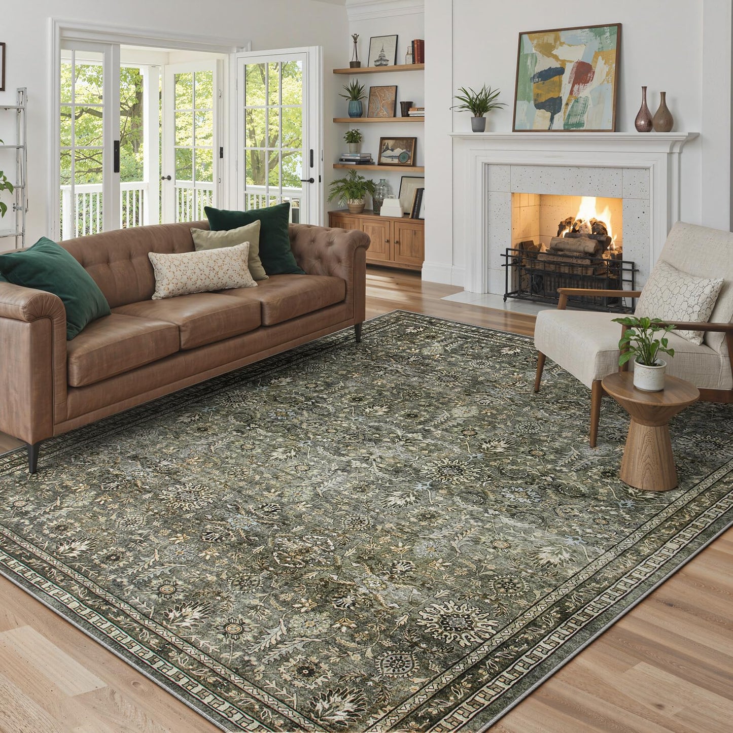 Lahome Mirae Green 8x10 Rugs for Living Room, Boho Washable Area Rugs for Bedroom, Rubber Backed Non Slip Floor Carpets for Dining Room Home Apartment, Dark Olive Green