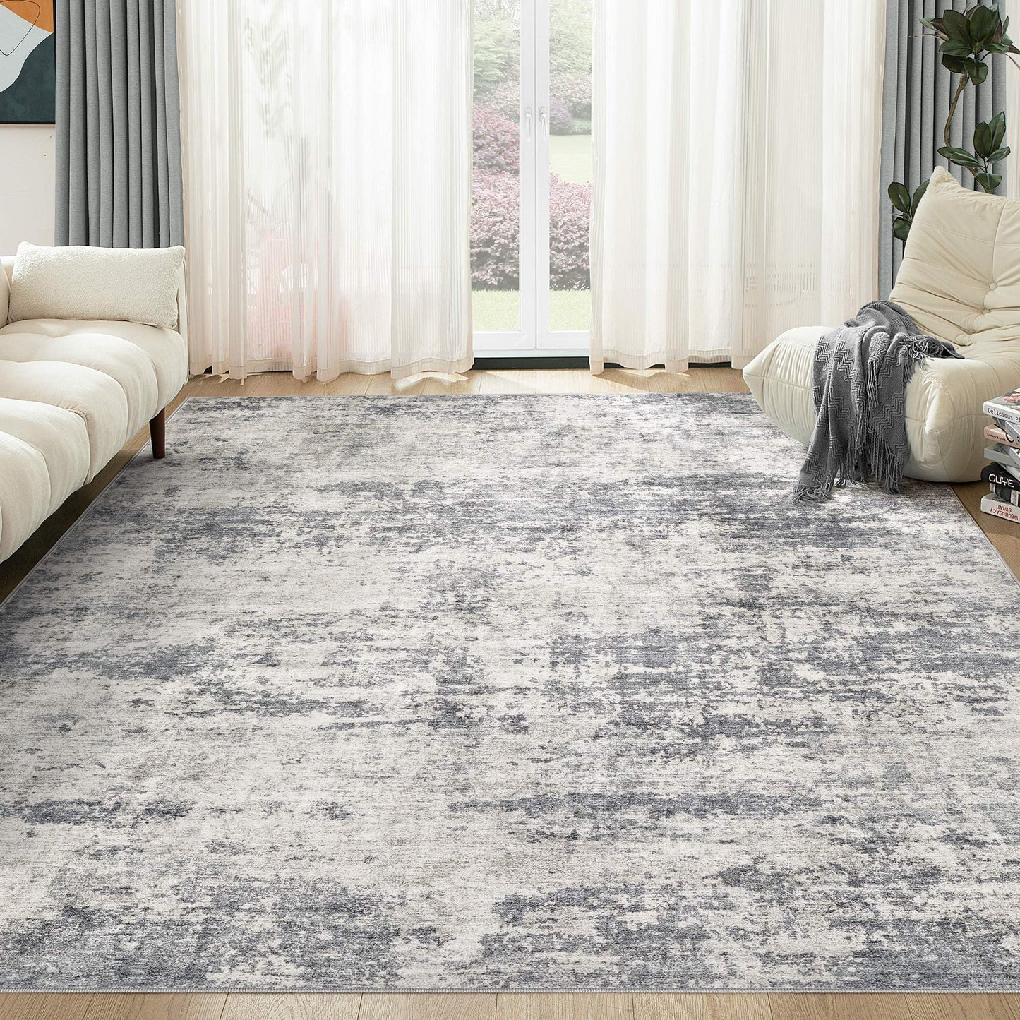 TARANCH Abstract 5x7 Area Rug: Machine Washable Non Slip Ultra Thin Low-Pile Carpet, Soft Stain Resistant for Living Room Bedroom Nursery, Kid Pet Friendly, Robot Vacuum Compatible - Dark Grey/Beige