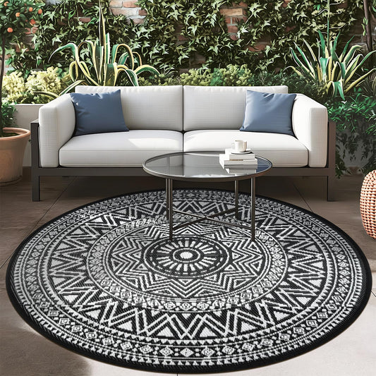 famibay Outdoor Rug Waterproof 5ft Round, Reversible Boho Plastic Straw Patio Camping Area Rugs, Portable Indoor Outdoor RV Mat for Deck, Porch, Balcony, Backyard, Picnic, Beach, Pool, Black & White