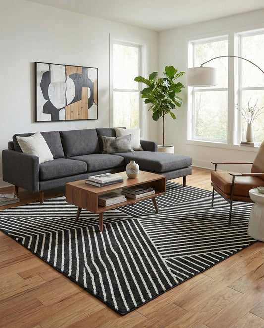 Rugs.com - Oslo Rug – 8 Ft Square Black Easy-Clean Area Rug – Bold Geometric Stripes, Perfect for Living Rooms, Bedrooms, and Home Offices