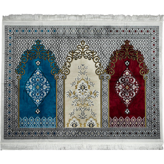 Modefa Turkish Islamic Prayer Rug - Wide Plush Velvet Mat - Multi Person Muslim Janamaz for Family - Large Gathering & Group Sajada Carpet - Floral Arch - 3 Person (17-11)
