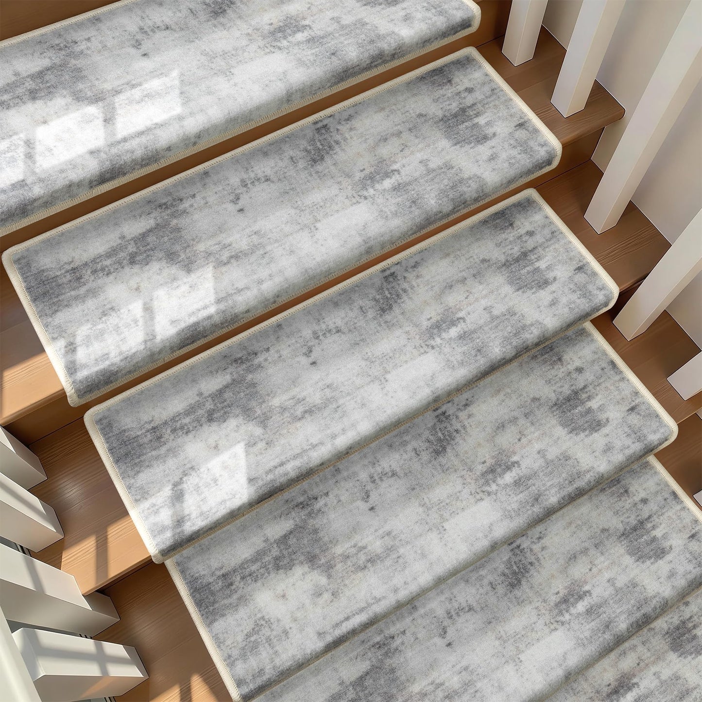 TANVILL Bullnose Stair Treads for Wooden Steps, Non-Slip Peel and Stick Carpet Stair Runner, Pet Friendly Indoor Stair Protectors, Soft Washable Reusable,9.5x30 14Pcs,Grey