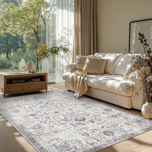 jinchan Distressed Vintage Area Rug 5x7, Soft Non-Slip Low-Pile Washable Living Room Rug with a Faded Medallion Pattern, for Dining Room Bedroom and Home Office, Grey Multi