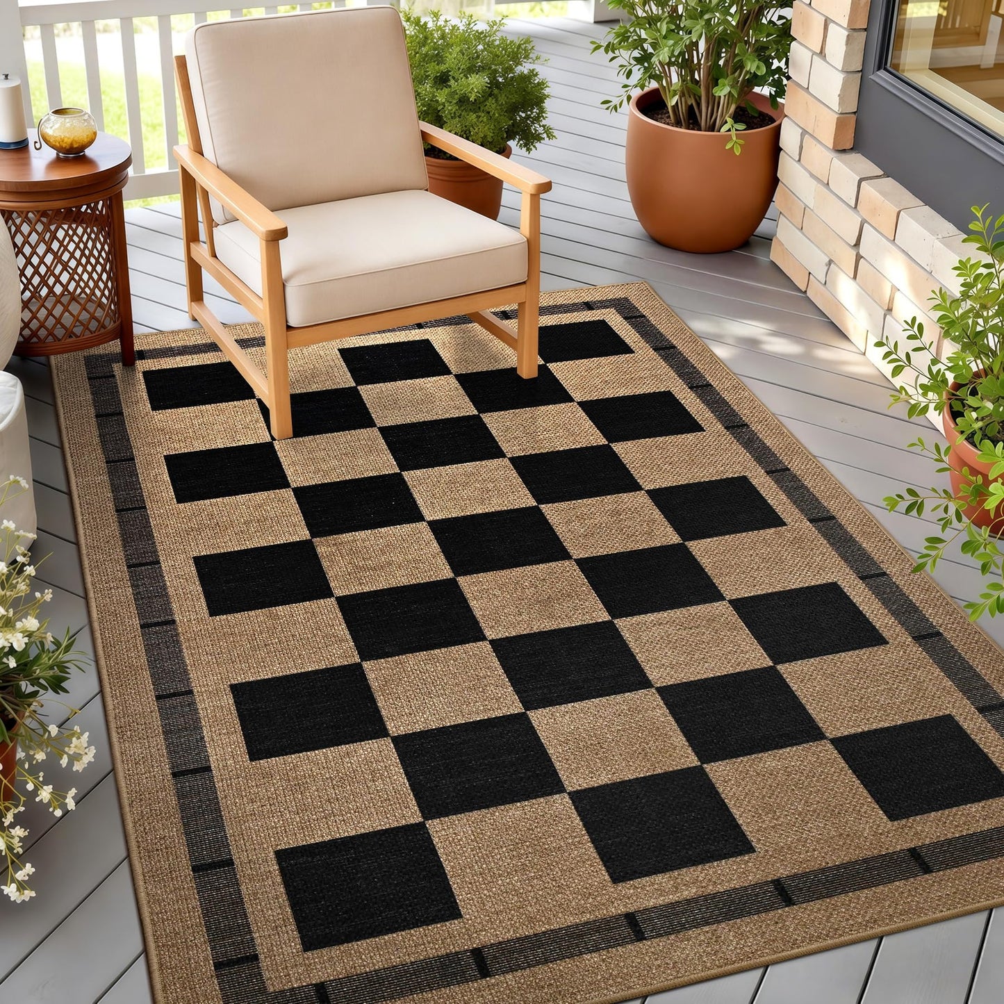 3x5 Outdoor Rug, Jute Checkered Rugs, Patio, Entryway, Balcony, Porch Indoor Plaid Carpets, Washable Bedroom Kitchen Carpet, Non Slip Farmhouse Neutral Laundry Office Floor Mat, Black and Brown