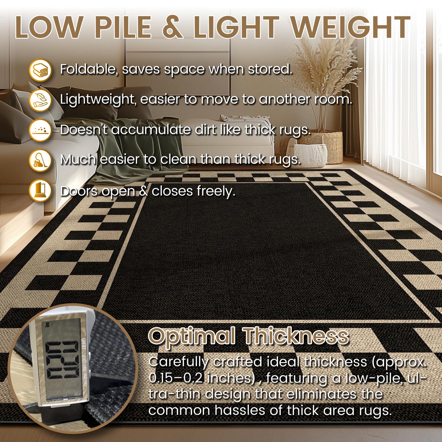 JROSING Washable Checkered Easy Jute Rug 5x7, Black Checkerboard Geometric Modern Outdoor Indoor Patio Large Bordered Rug, Woven Thin Carpet for Living Dining Play Room Bedroom Classroom Kids Nursery