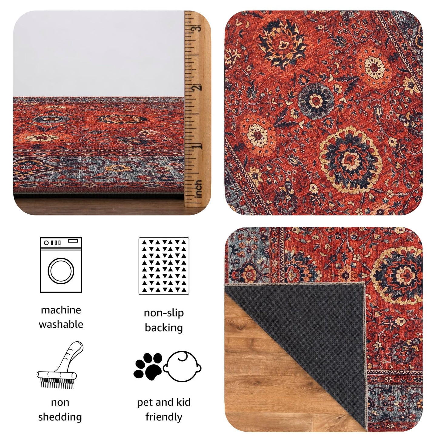 Keen Home Design 5x7 Rug - Machine Washable Area Rug with Non-Slip Backing, Ideal for Living Room, Dining Room, Bedroom - Vintage, Easy Clean, Durable, Low Pile Rug - (5' x 7')