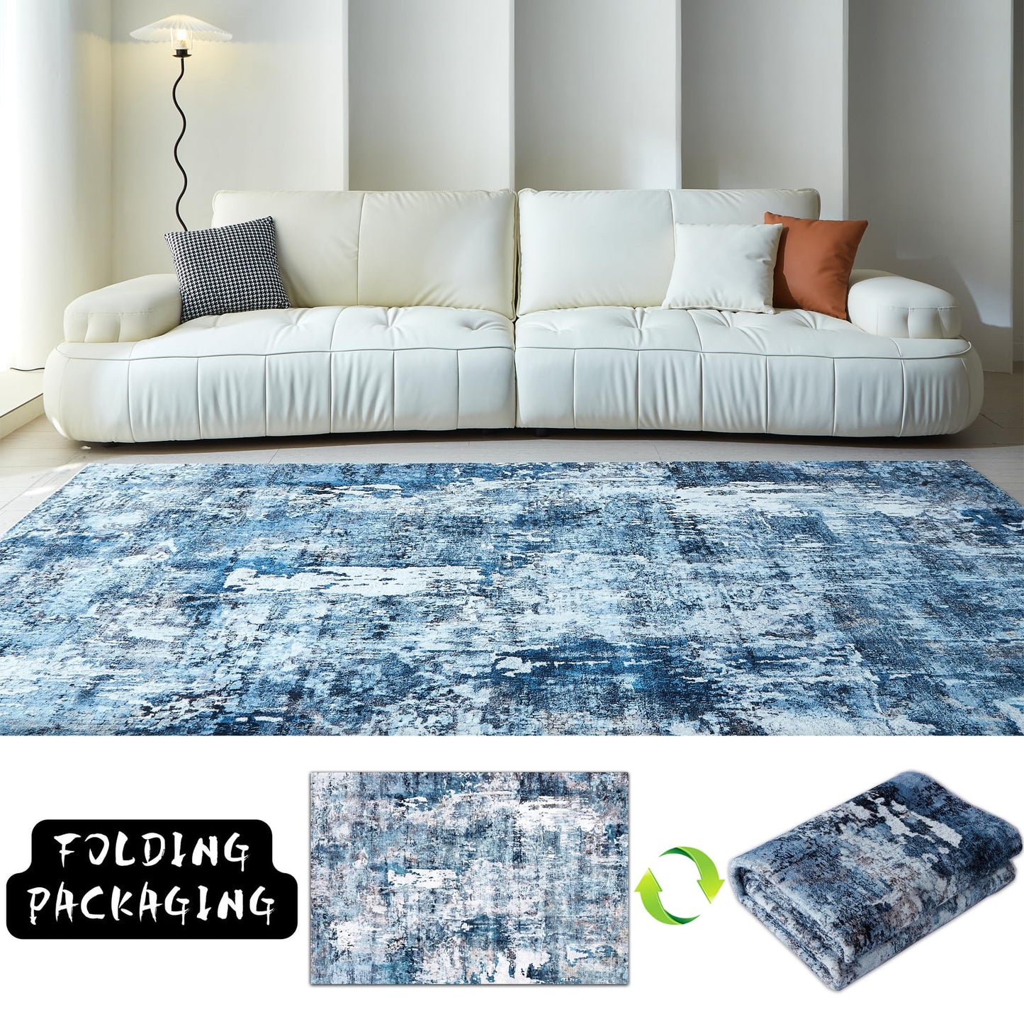 Rugcomf Area Rug 5x7 Washable Rug Boho Soft Abstract Pattern Non-Slip Non-Shedding Faux Wool Vintage for Living Room, Bedroom, Farmhouse, Dining Room, Indoor, Kids Playroom, Blue