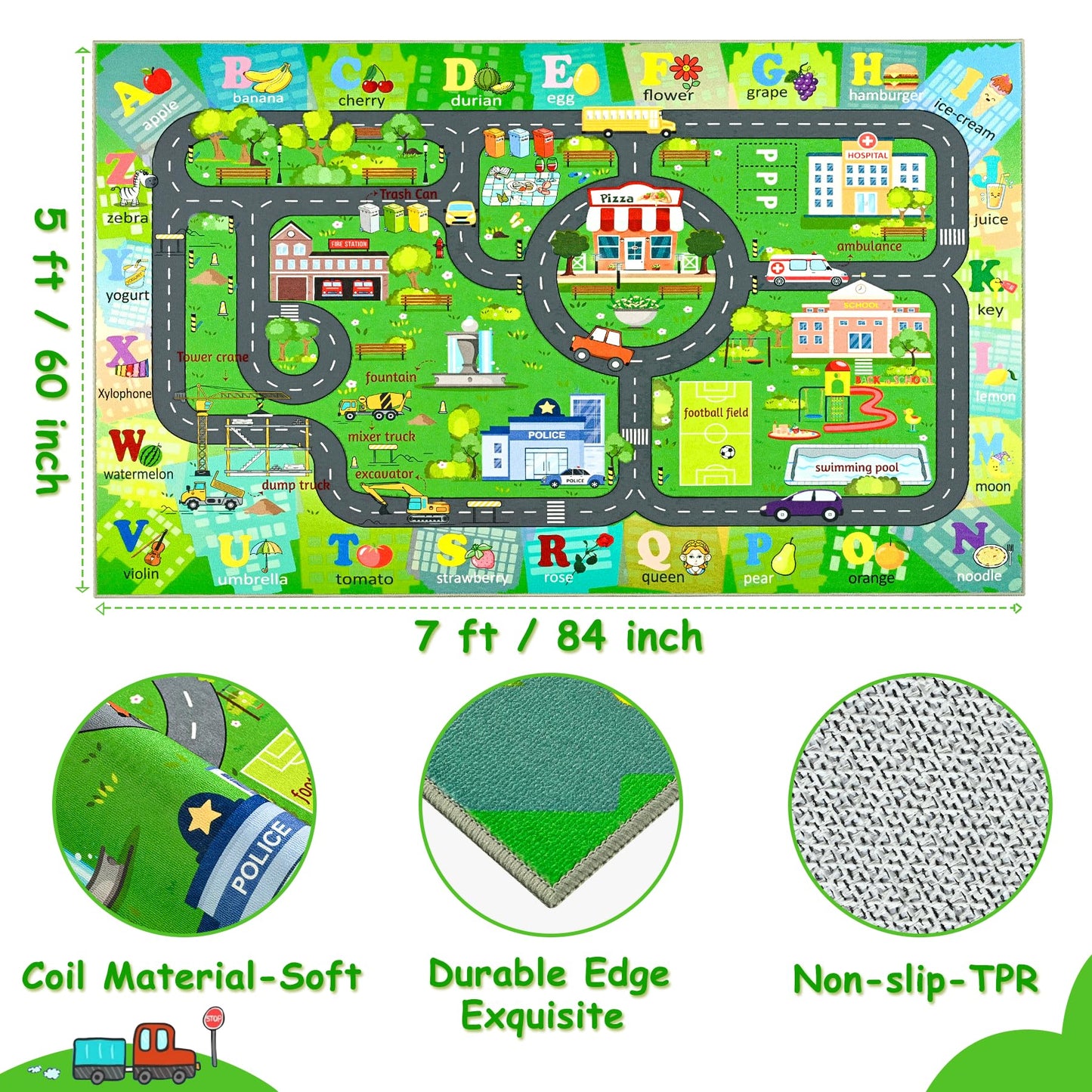 Chicrug 5x7 Car Road Area Rug for Kids Playroom Bedroom, Non Slip Low Pile Washable ABC Alphabet Carpet for Classroom, Track Play Mat for Toddler Children Nursery Baby Room Decor, Dark Green