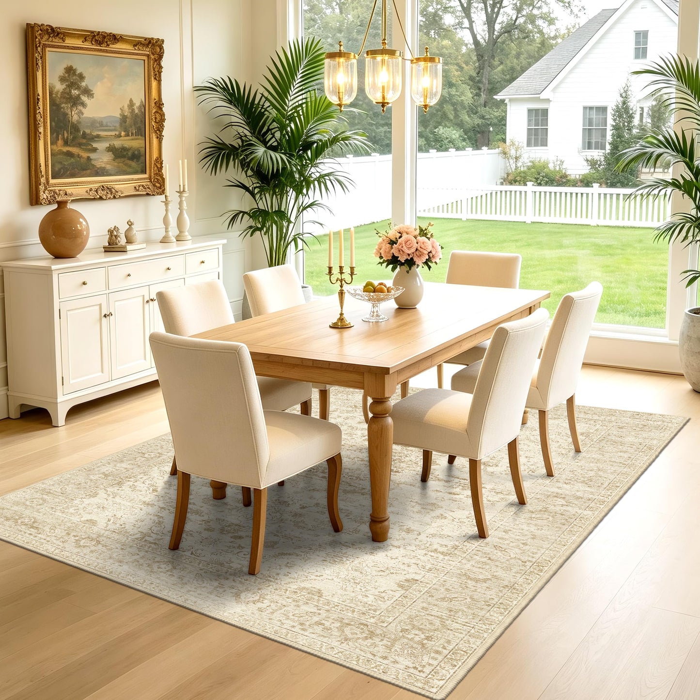 TTelephant Beige Washable Rugs 5x7, Neutral Vintage Boho Carpet for Bedroom, Living Room and Dining Room, Low Pile Nursery Area Rug with Non-Slip Silicone Backing, Non-Shedding