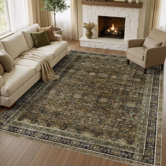 WITSHOCK 7x9 Area Rugs for Living Room: Boho Modern Dark Vintage Traditional Distressed, Washable Low Pile Non-Slip Carpet for Dining Room Bedroom Nursery Kids Playroom, Brown Olive Green