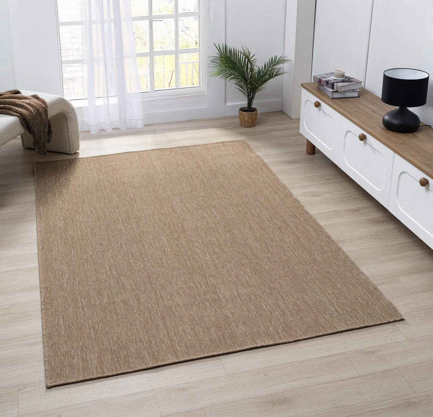 RUGGERRUGS Angela Easy Jute Indoor Outdoor Rug, 5x7 Neutral Solid Jute Look, Polyester, Durable & Easy Care Outdoor Farmhouse Carpet for Patio, Porch, Living Room (5' x 7', Natural)