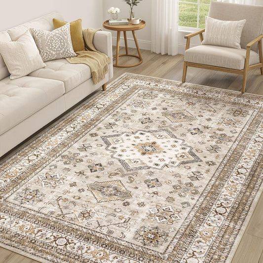 Vintage Living Room Area Rug 6x9 - Large Soft Washable Oriental Traditional Distressed Farmhouse Rugs for Bedroom - Indoor Floor Accent Carpet for Home Office House Decor - Beige