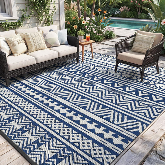 MontVoo Outdoor Rug 8x10 Waterproof Outdoor Patio Rug Mat Reverisble Plastic Straw Outdoor Rug for RV Camping Picnic Beach Balcony Boho Navy Blue