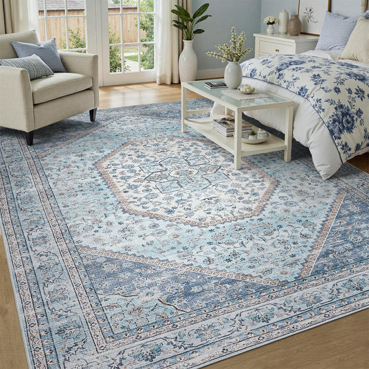 DCX Blue 5x7 Rug, Machine Washable Stain Resistant Kid & Pet Friendly with Rubber Back Non Slip Vintage Rug for Living Room, Bedroom, Home Office, Soft Low Pile Large Carpet