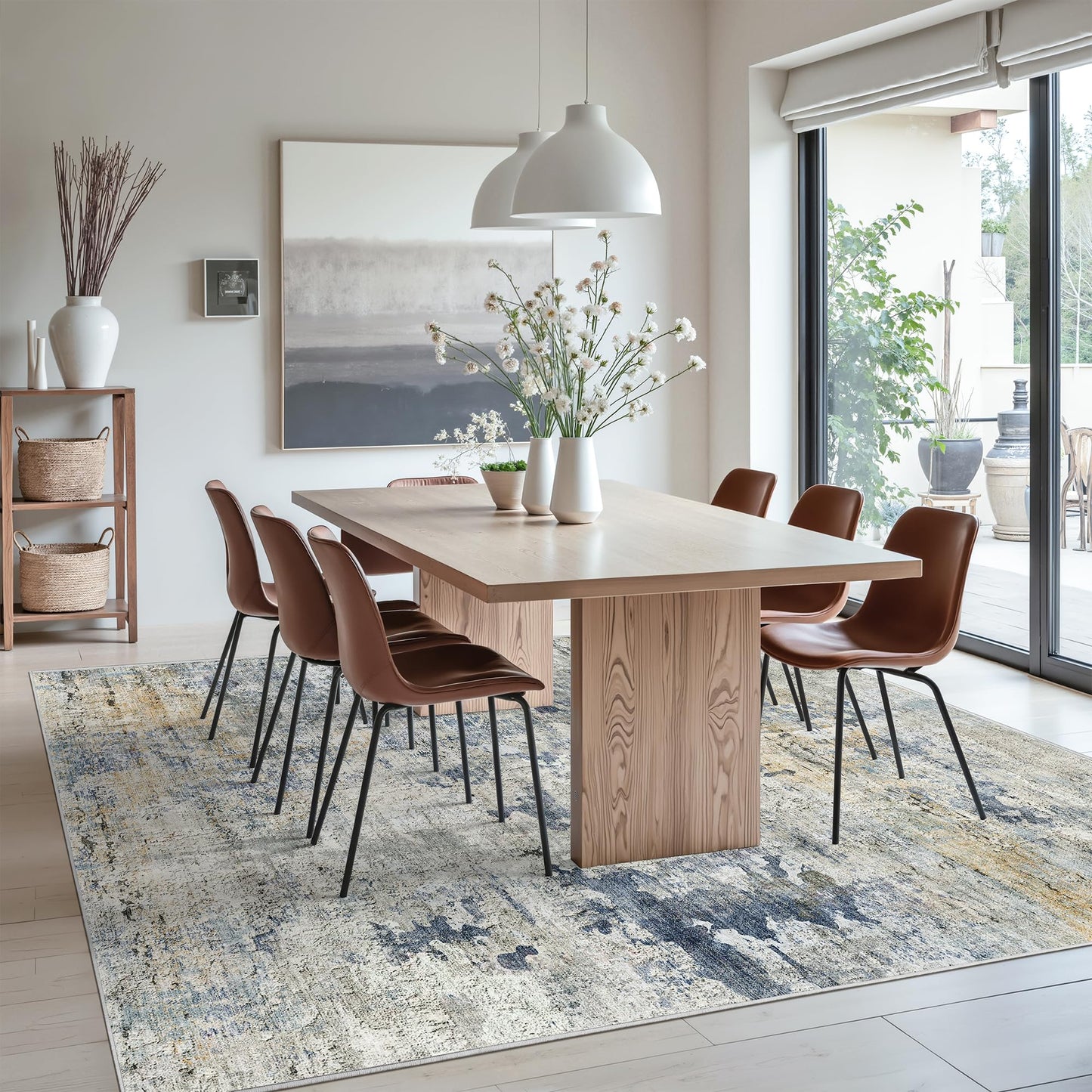 Soalmost Abstract Rug 8x10 Large Living Room Rugs Neutral Modern Washable Area Rugs for Bedroom Dining Room Non-Slip Stain Resistant Foldable Thin Rug Blue Yellow