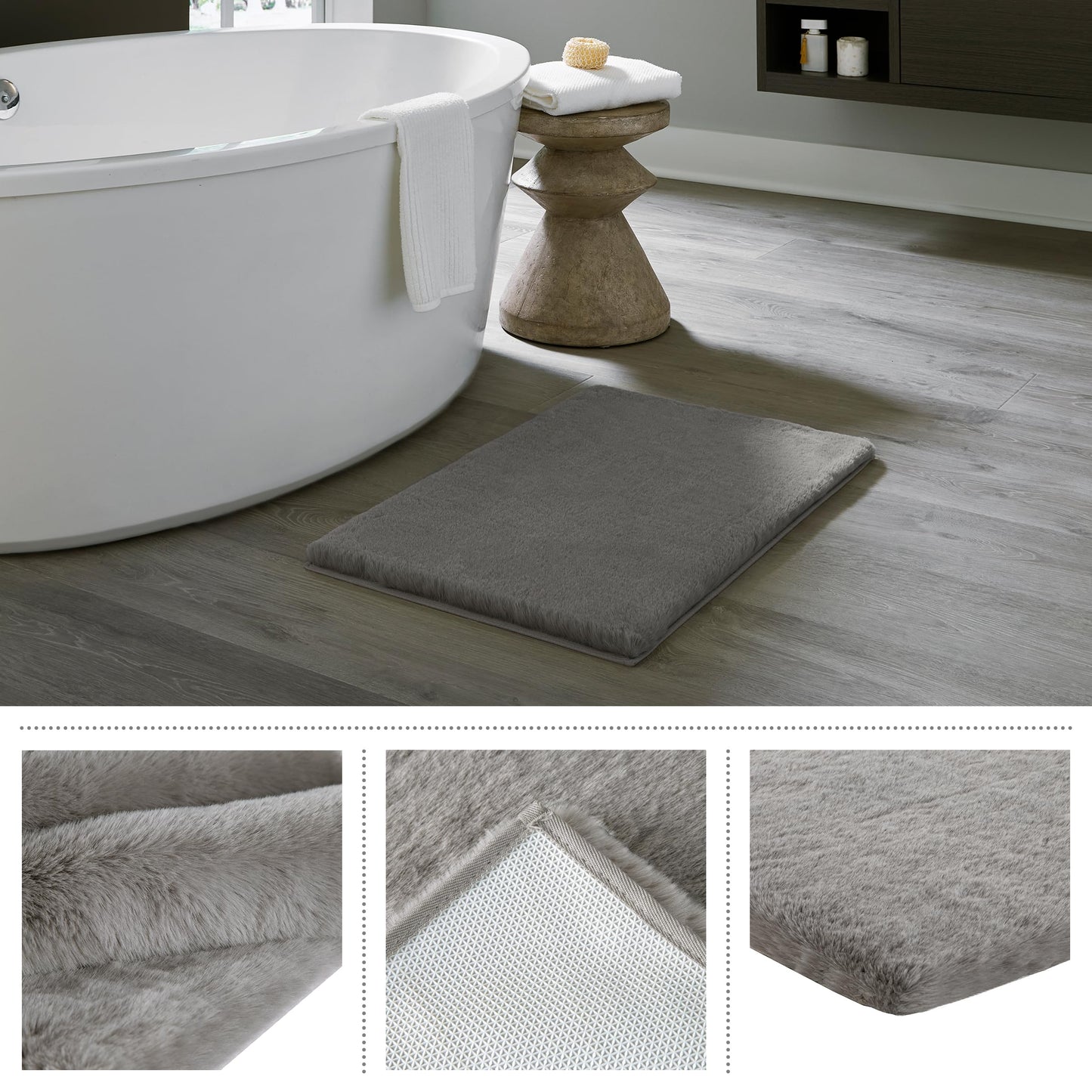 Home-Complete Faux Fur Bath Mat – 21x34-Inch Nonslip Jacquard Fake Rabbit Fur Rug for Bathroom, Hallway, or Kitchen - Modern Room Decor (Gray)