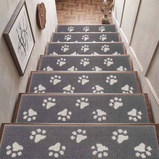 DEXDE Stair Treads for Wooden Steps Non-Slip 15pcs, 30"x8" Washable Stair Runners with Cat Paw Pattern, Non-Skid Safety Carpet Mats for Dogs and Kids, Reusable Indoor Stair Rugs for Home, Grey