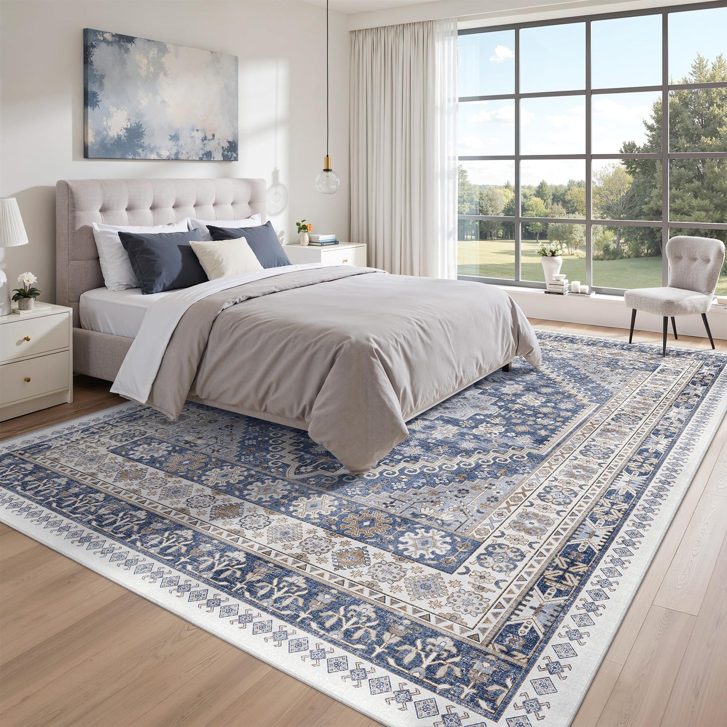 zesthome 9x12 Area Rugs,Stain Resistant Washable Rug,Ultra-Thin Rugs for Living Room,Bedroom,Non-Slip Backing Home Decor Large Area Rug (Blue/Beige,9'x12')