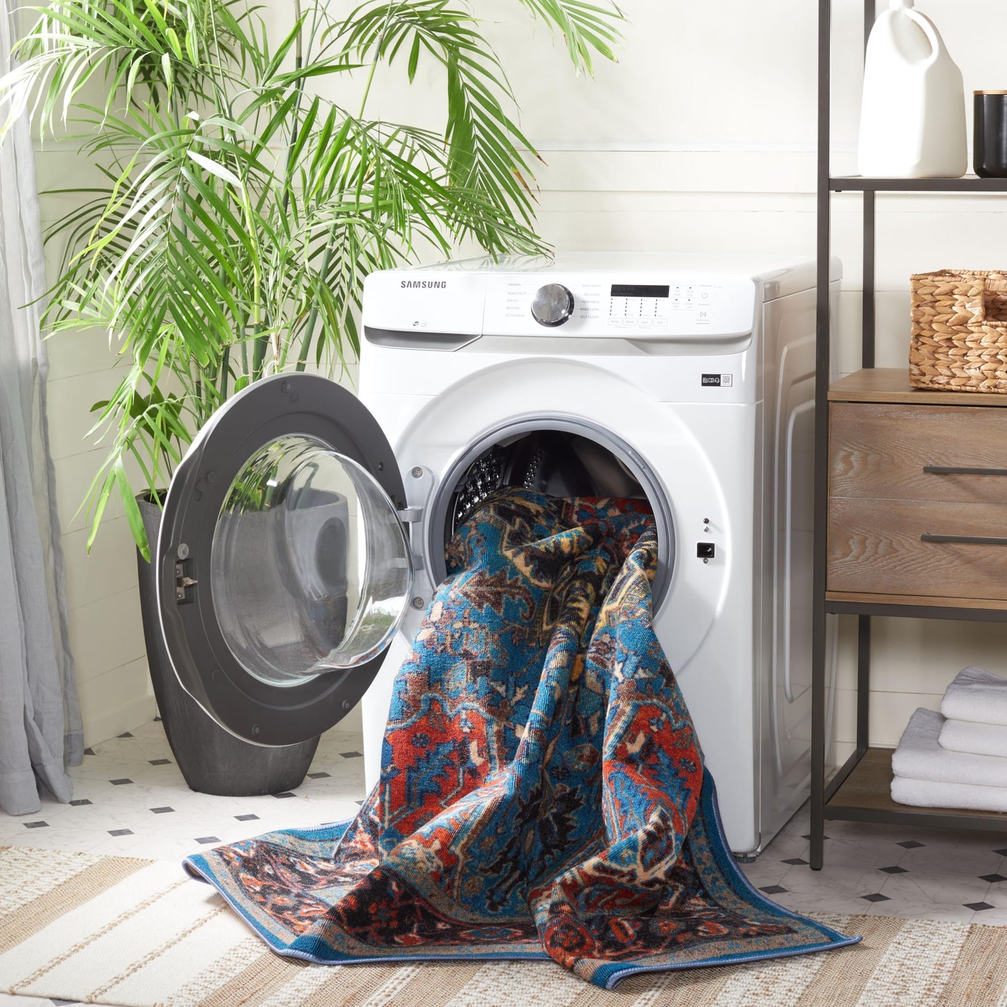 SAFAVIEH Washable Rug Journey Collection - 4'4" x 6', Blue & Red, Slip Resistant & Easy Cleaning, Ideal for Living Room, Bedroom, Kids Playroom Nursery, Office, Dining Space (JNY107M)