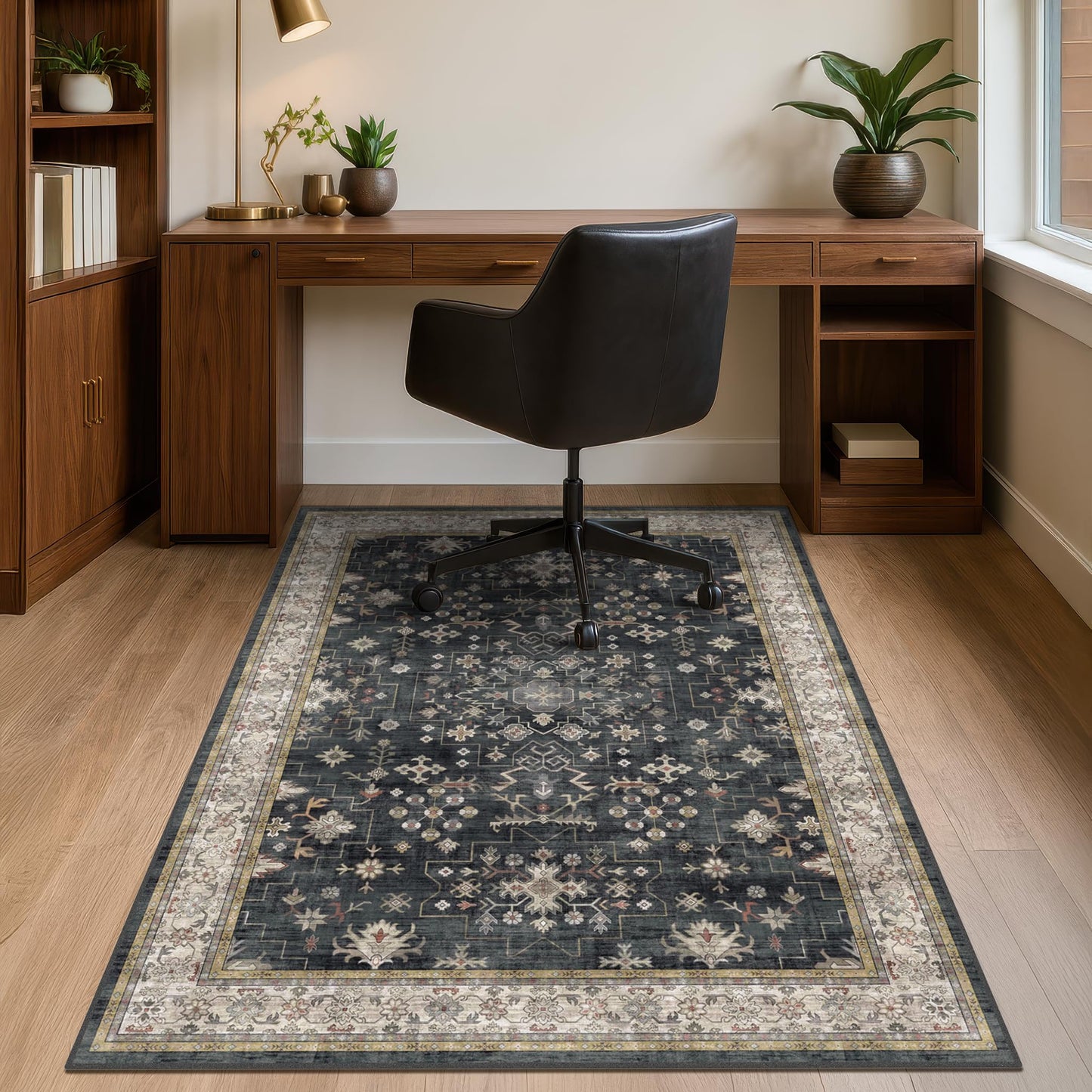 3x4 Black Boho Office Chair Mat for Hardwood Tile Floor - Ultra-Soft Low Pile Desk Rug with Non-Slip Backing, 36''x48'' Machine Washable Area Rug and Floor Protector for Rolling Computer Chair Mat