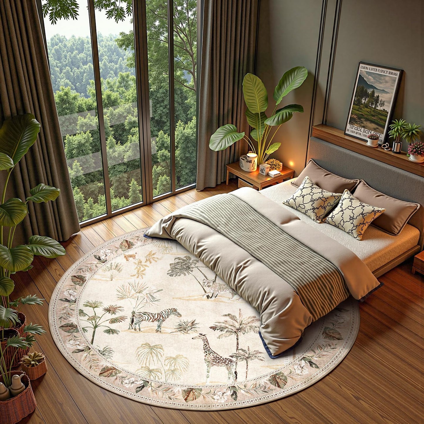 jinchan Round Rug 8ft Beige Jungle Animals Print Living Room, Machine Washable 8' Circle Modern Soft Non-Slip Forest Plant Kids Room Throw Area Rug, Low Pile Carpet for Dining Room Bedroom Playroom