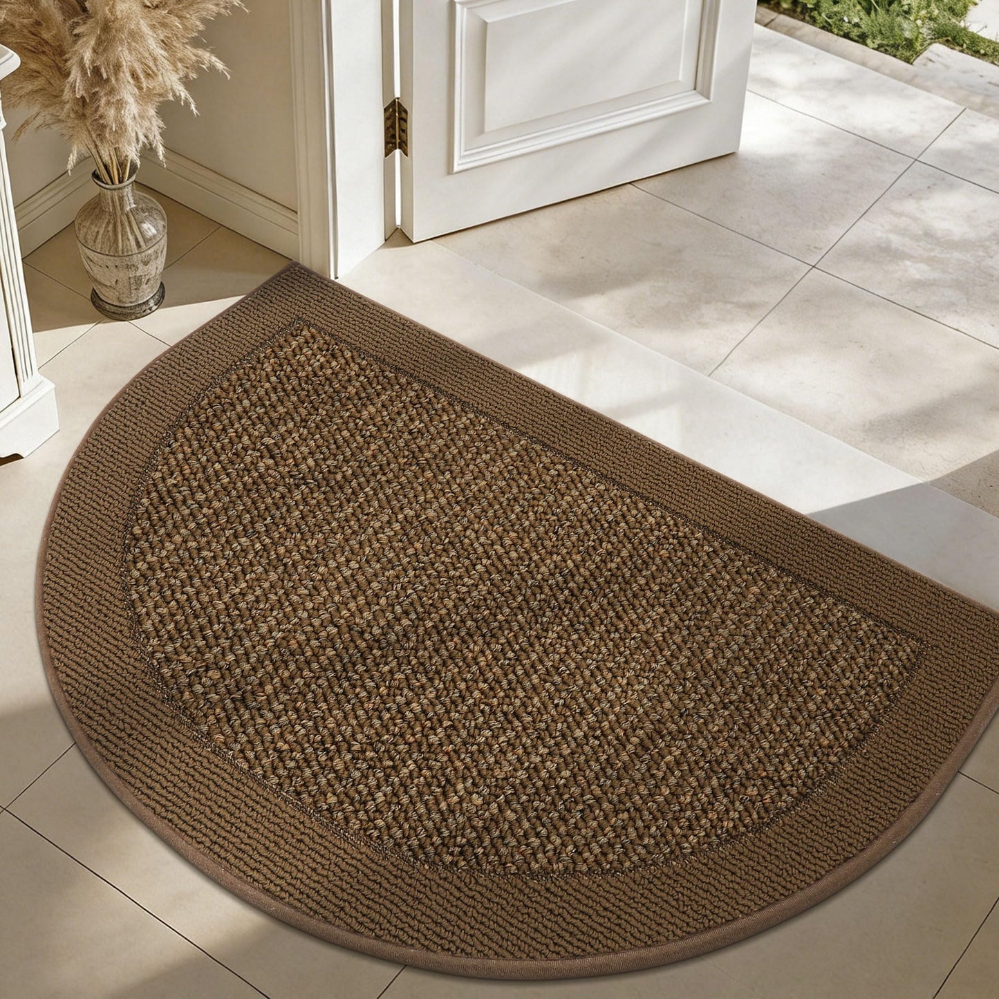 FLOORHUG Half Circle Door Mat Indoor Entrance Welcome, Non-Slip Washable Doormat, Trap Dirt and Moisture, Low Profile Mats for Indoor Entry, 24"x36", Brown