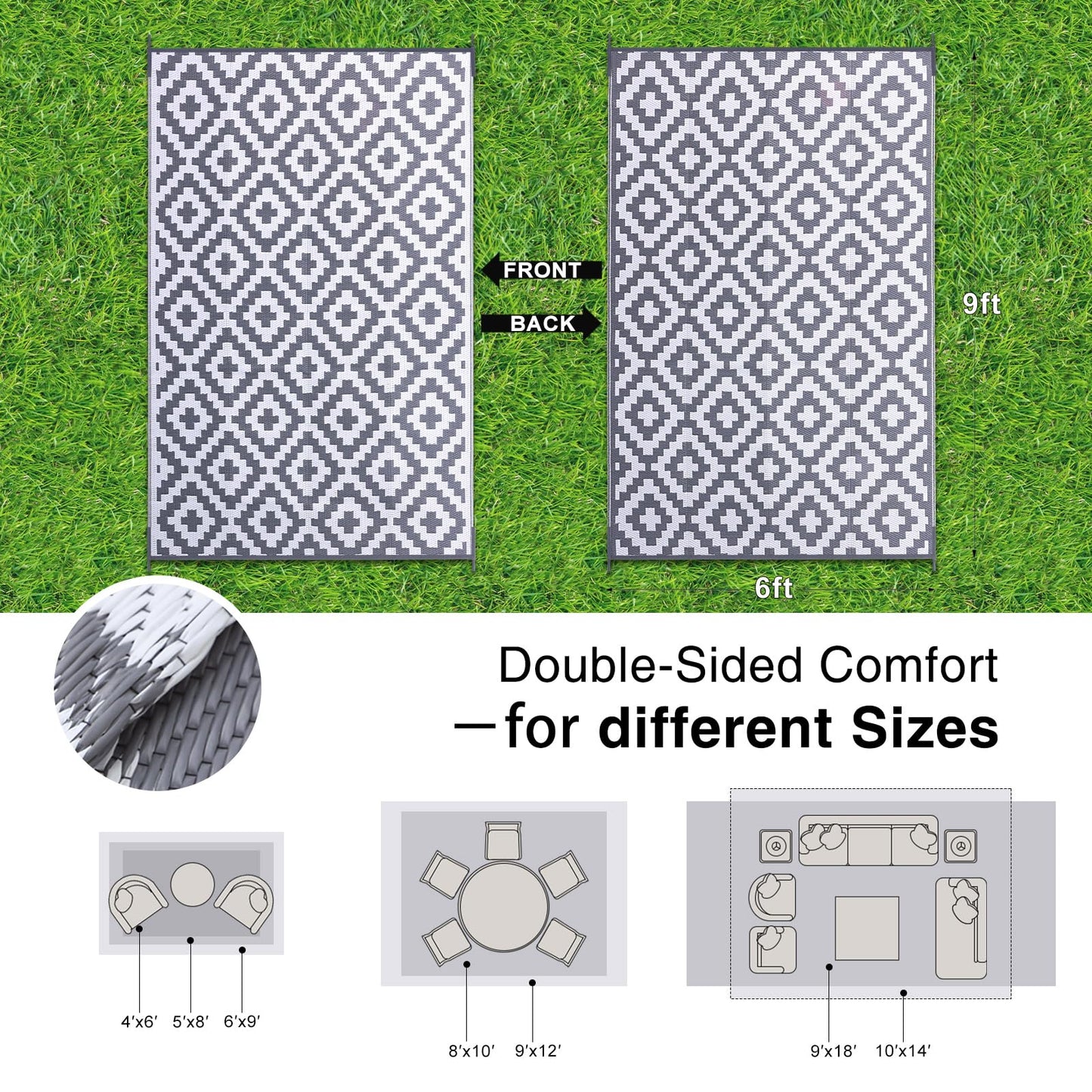 OLANLY Waterproof Outdoor Rug 6x9 ft, Outdoor Plastic Straw Rug for Camping, RV Mat Outside, Outdoor Carpet for Porch, Deck, Backyard, Balcony, Picnic, Grey & White