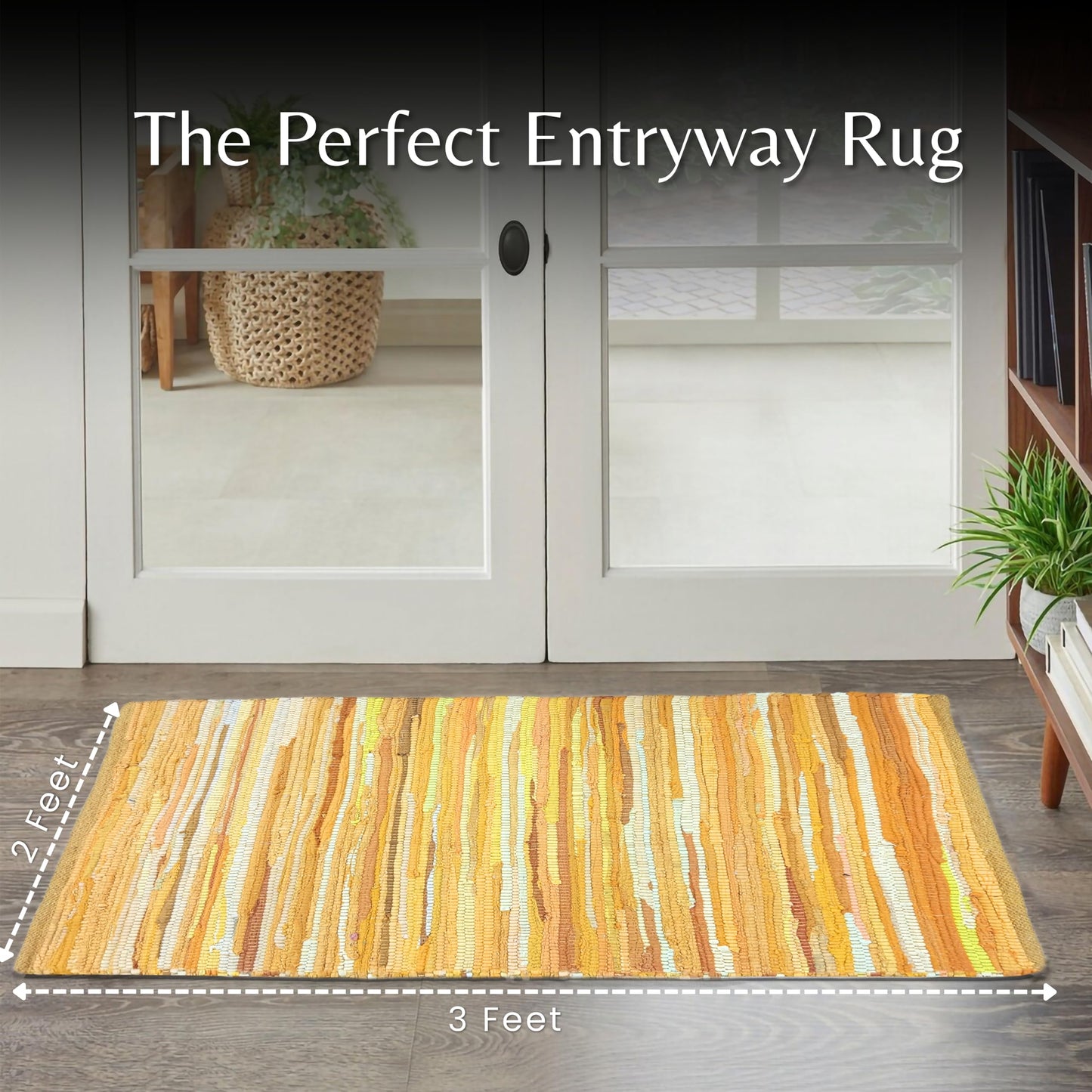 Ramanta Home 100% Cotton Hand Woven Tonal Chindi Rag Rug 2'x3' - Mustard, Recycled Reversible Rug, Boho Rustic Farmhouse Rugs for Living Room, Dinning Room, Kitchen Floor Mats - 24"x36"