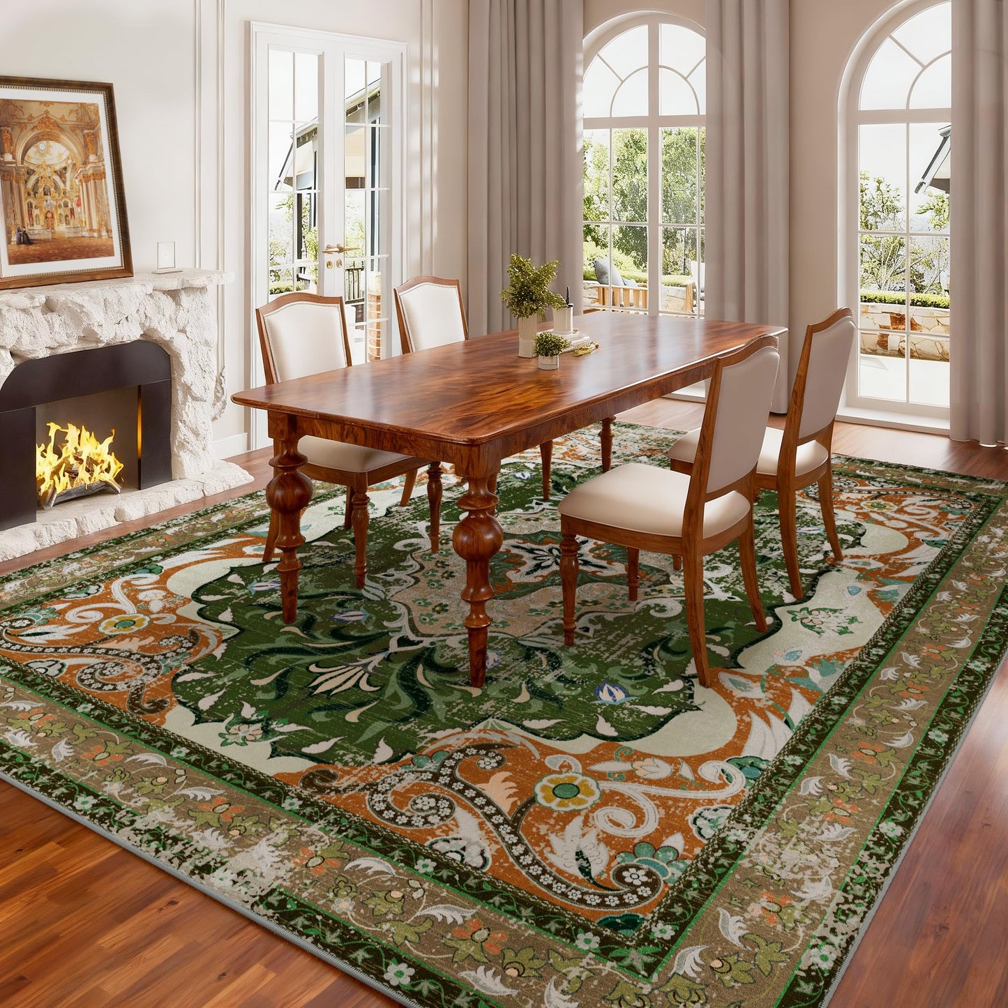 RUSHUFFY 6x9 Washable Area Rugs for Living Room, Non-Slip Boho Vintage Traditional Medallion Print Pattern Carpet for Bedroom Dining Room Farmhouse Nursery Room, Dark Green