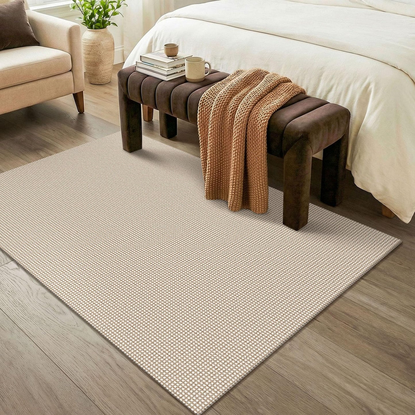 KOZYFLY Washable Area Rug 4x6 ft Non Slip Rubber Backed Living Room Rugs Braided Woven Cotton Kitchen Rugs Indoor Outdoor Entryway Rug for Dining Living Room Bedroom, Ivory/Camel/Brown