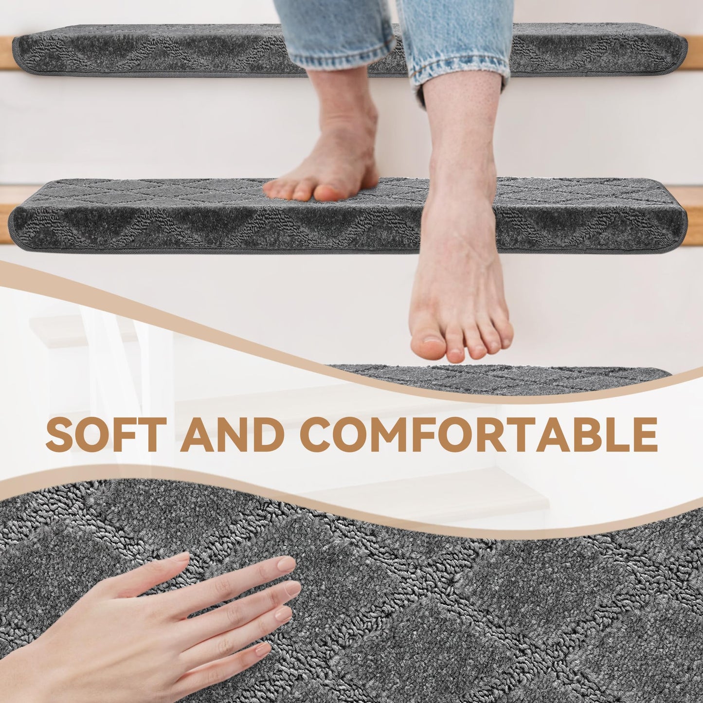 Bullnose Stair Treads Non Slip 9.5" x 32", 14 Pcs Carpet Stair Treads for Wooden Steps Indoor with Edge Protection, Reusable Peel and Stick TPU Backing Stair Runner Rugs - Diamond Pattern Grey.