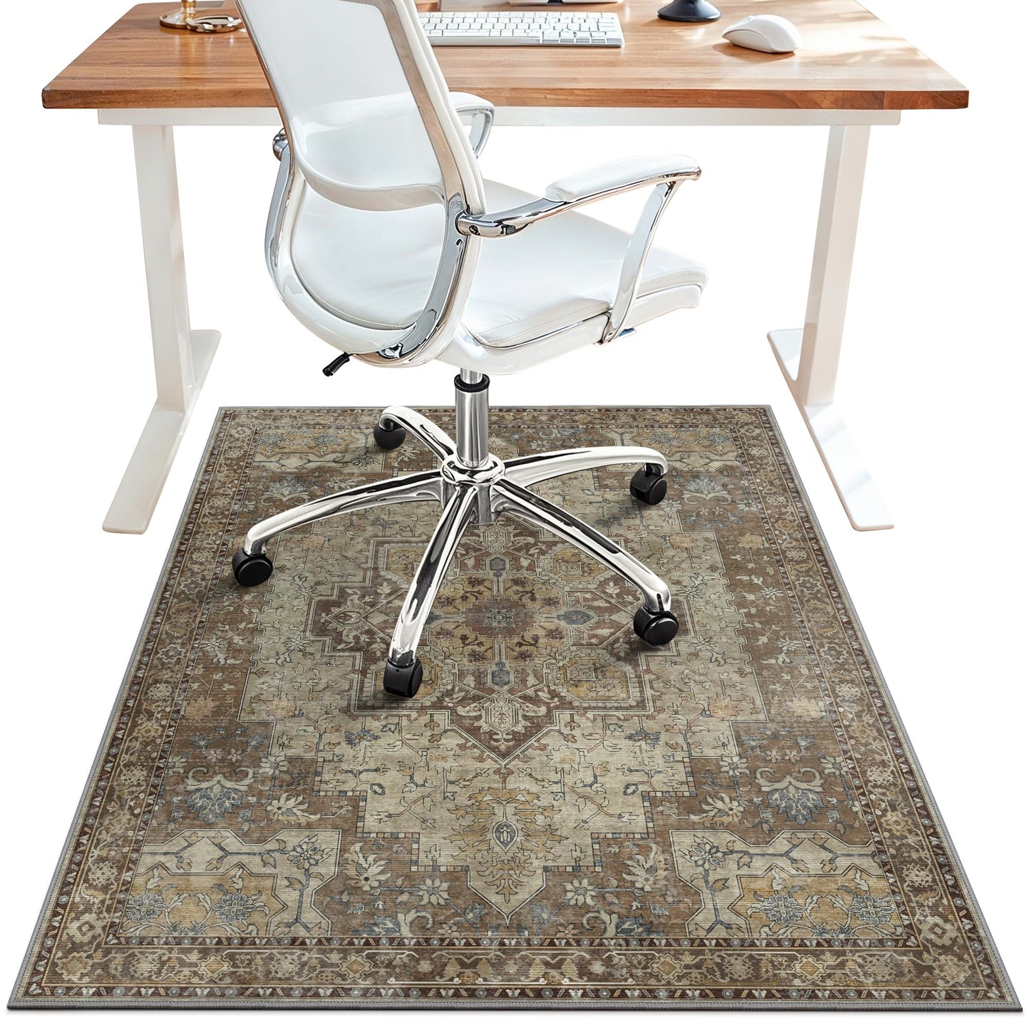 48"x60" Office Chair Mat for Hardwood Tile Floor, Under Desk Carpet Protector for Rolling Computer Chair Mat, Machine Washable Area Rug, Anti-Slip 1/5" Thick Low Pile Thin Vinyl Floor Mat, Brown