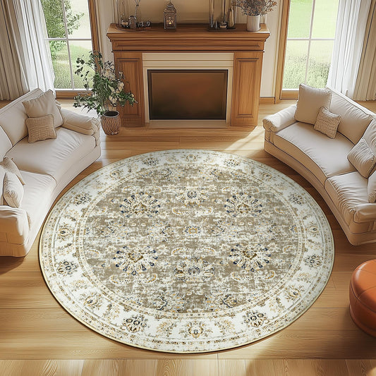 jinchan Fiora Round Rug 8ft Area Rugs - Vintage Floral Distressed Design Machine Washable Non-Slip Low-Pile Ultra-Thin Circle Rug for Living Room Dining Room Bedroom Farmhouse (8' Round, Taupe)