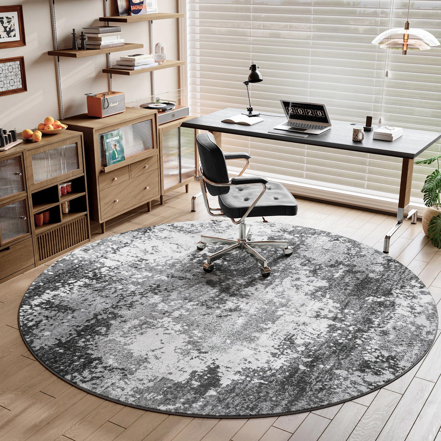 Round Area Rugs 4ft Washable Grey Circle Rug for Entryway Kitchen, Non Slip Soft Low Pile Stain Resistant, Boho Circular Carpet for Living Room Bedroom Dorm Dining Room Table, Abstract Gray