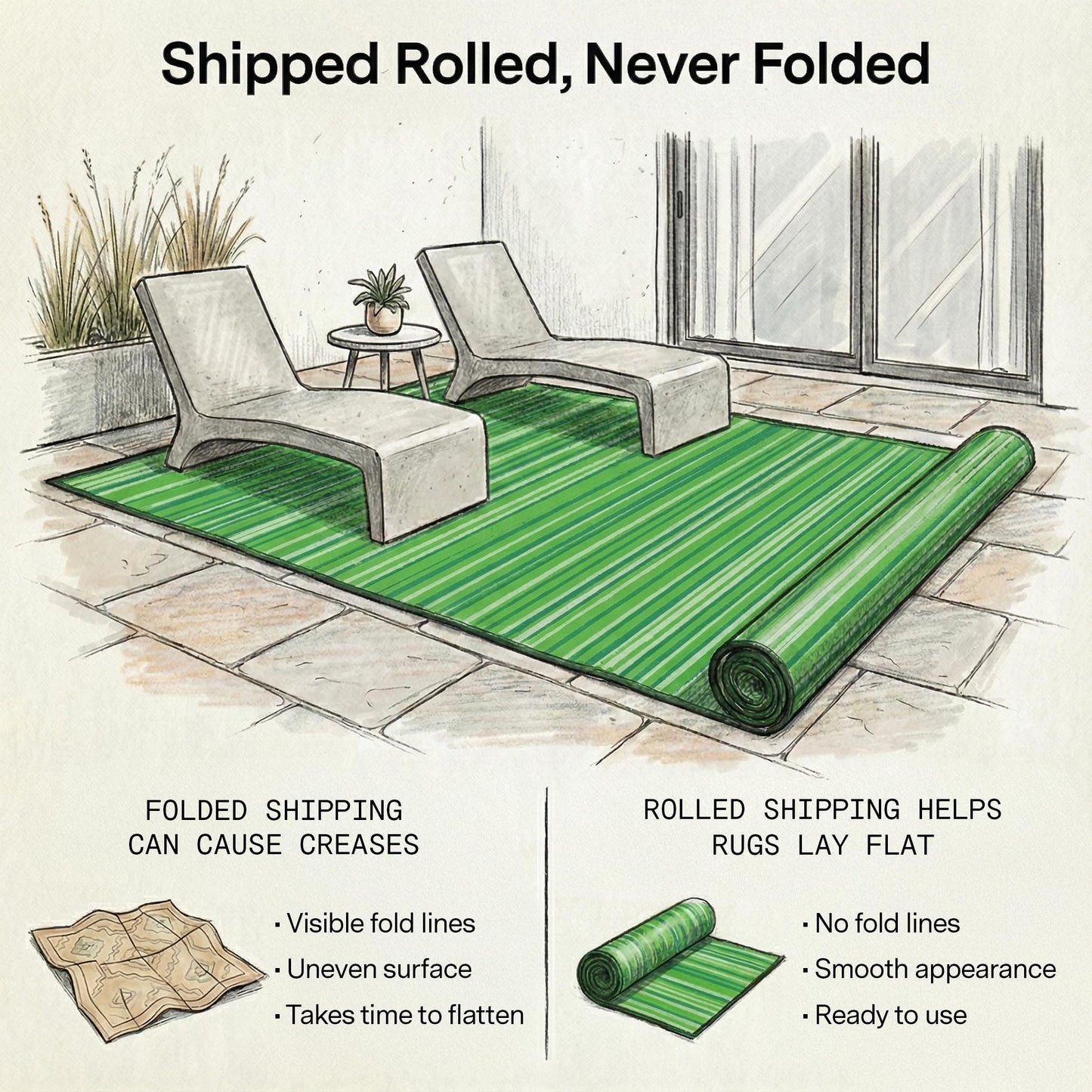 Fab Habitat Outdoor Rug - Waterproof, Fade Resistant, Crease-Free - Premium Recycled Plastic - Striped - Patio, Porch, Deck, Balcony - Cancun - Green - 5 x 8 ft