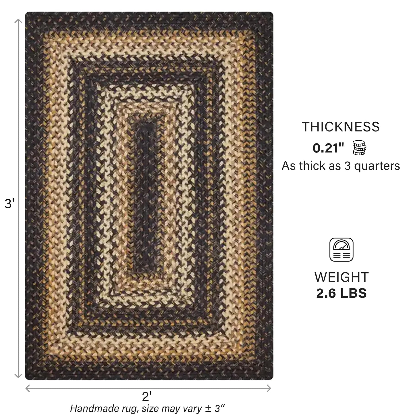 Kilimanjaro Jute Braided Rug 2x3' Black & Tan – Primitive Country Braided Rugs for Bathroom, Entryway, Kitchen & Farmhouse – Pet-Friendly, Reversible & No-Shed