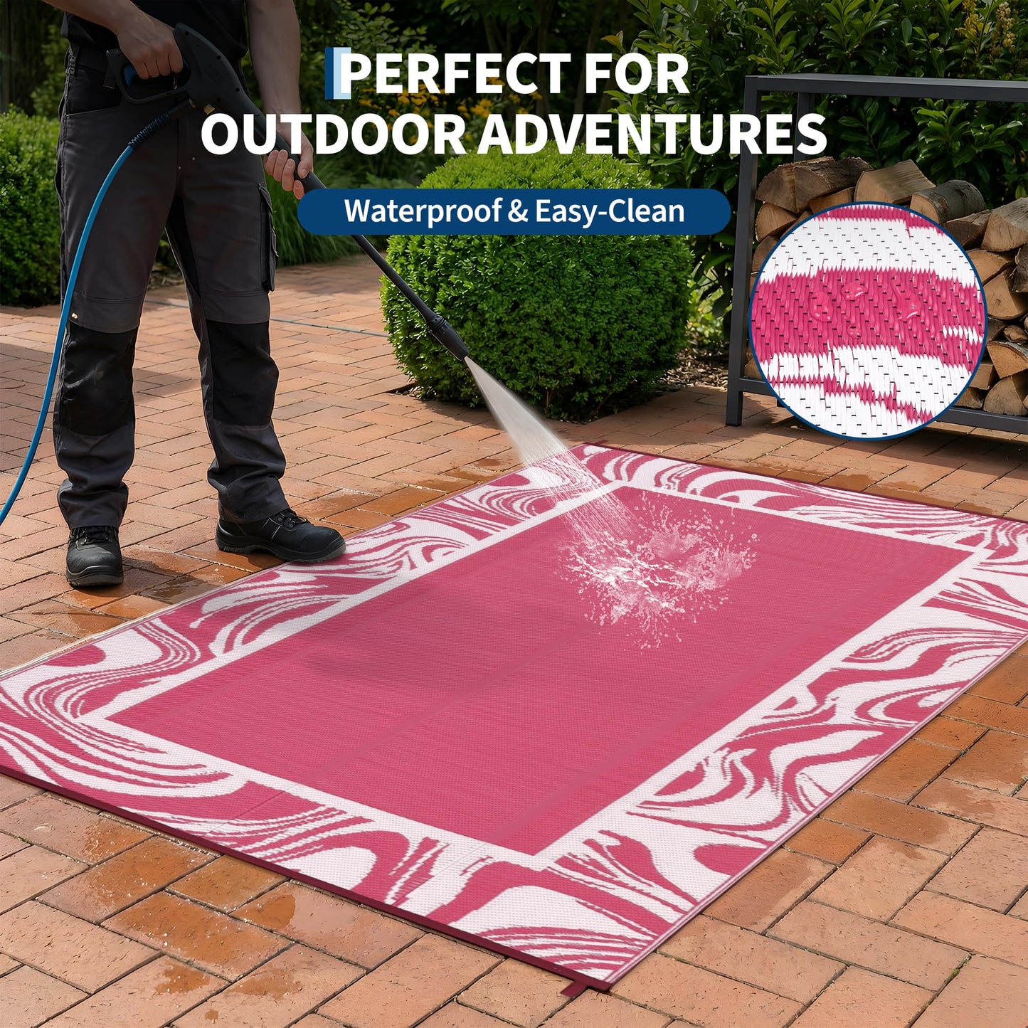 Garvee 5x8 Pink Waterproof Outdoor Rug Reversible Quick Dry Weather Resistant Plastic Straw Patio Rug for Deck,Porch,RV,Camping,Balcony,Beach, Foldable Outdoor Carpet Easy to Clean, Pink White