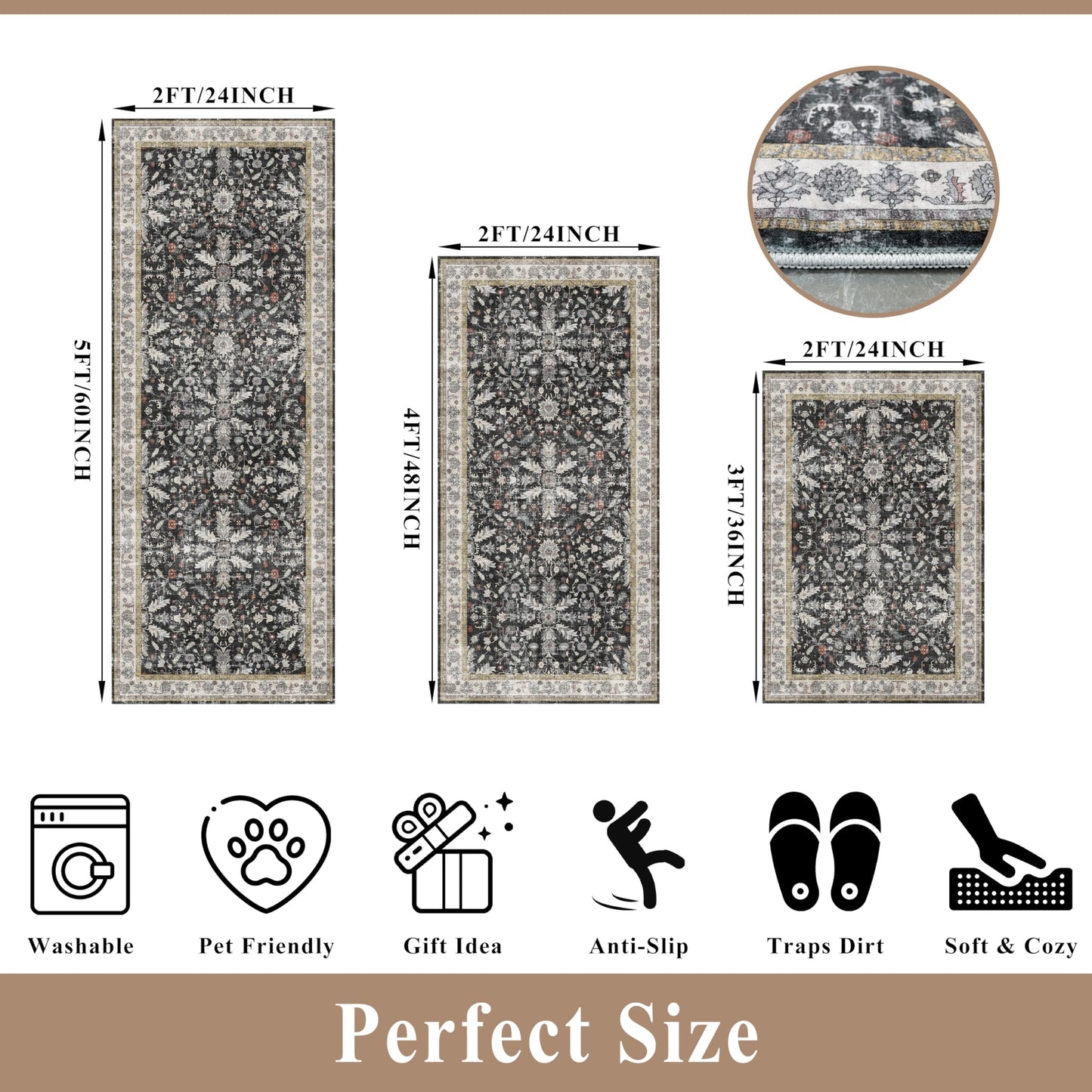 3-Piece Washable Kitchen Rug Set of 3 with Runner – Non-Slip Boho Kitchen Mats for Hardwood Floor, Sink & Entryway & Bathroom, Home Decor (Black,2x3+2x4+2x5)