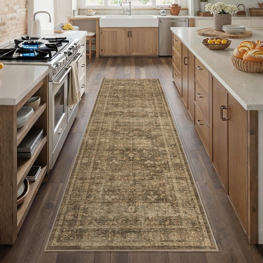 2'6"x8' Brown Runner Rug Hallway Non Slip Washable Area Rugs Kitchen Soft Vintage Boho Long Rug Distressed Floral Carpet Indoor Low Pile Throw Rug for Bedroom Bathroom Laundry Dining Room Office