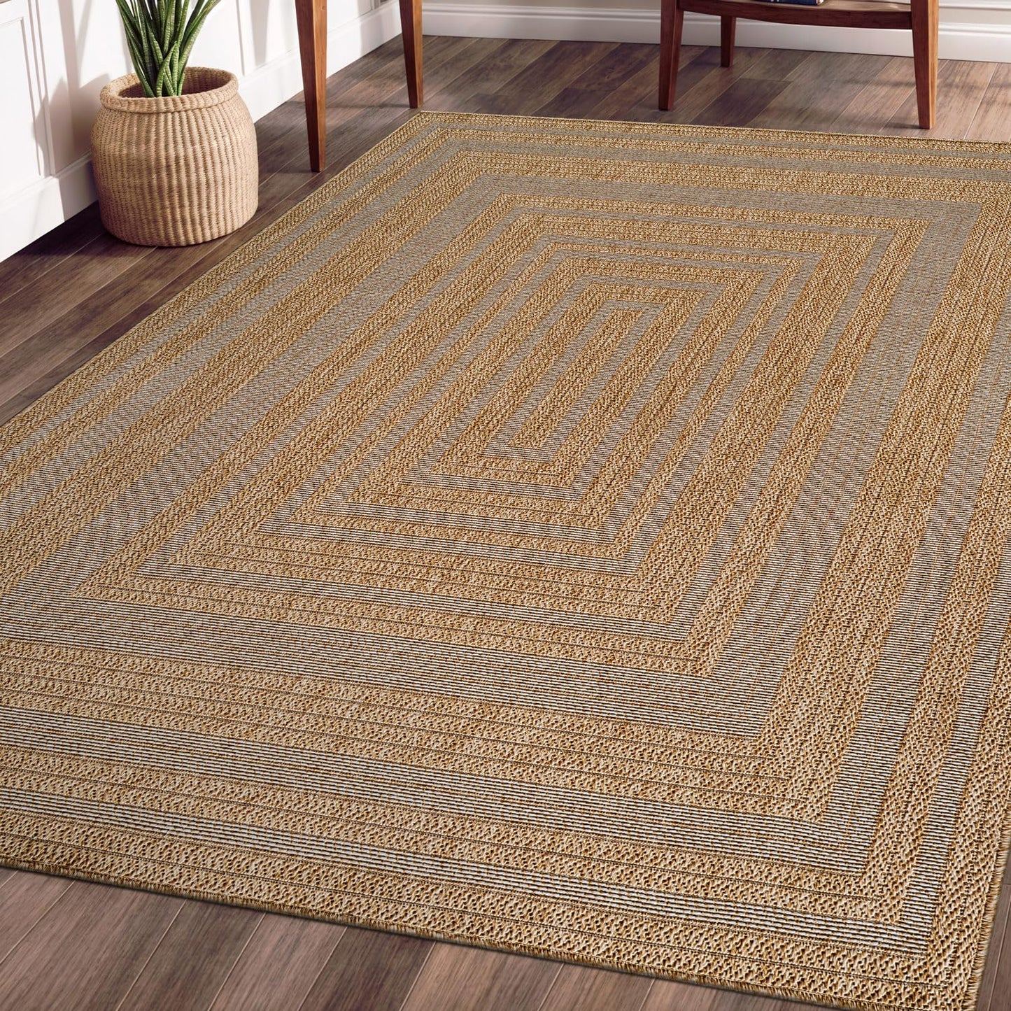 Beverly Rug Easy Jute Framed Border Rug 9x12 Washable Large Indoor Outdoor Area Rugs for Living Dining Room Patio Office Stain Resistant Non Shedding Casual Indoor Outside Carpet 9 x 12 Natural