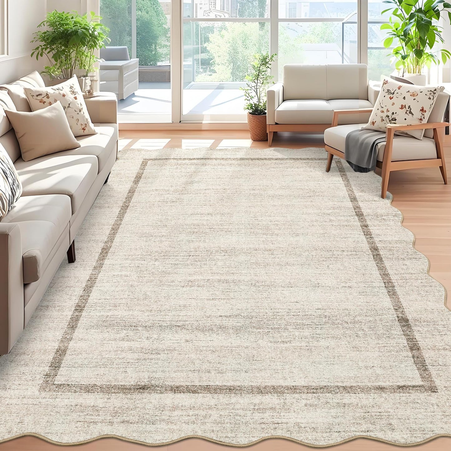 GarveeHome Scalloped Washable Rug 4x6, Beige Boho Living Room Area Rug, Bordered Non-Slip Farmhouse Bedroom Carpet Dorm Room Throw Rug, Low Pile Soft Accent Mat for Kitchen Entry Office 4'x6' Beige