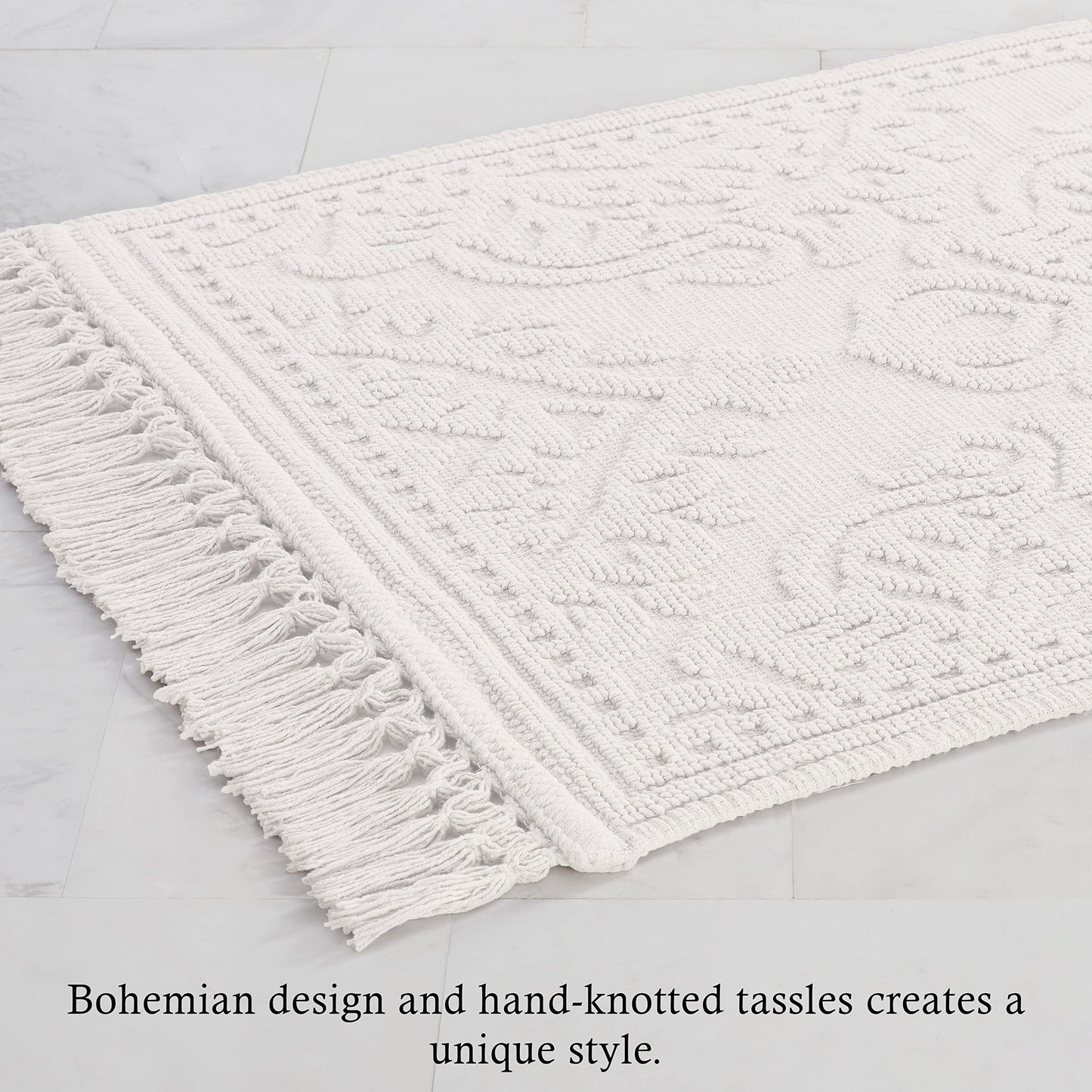 Jean Pierre - Ricardo Bath Mats, Set of 2 Woven Fringe Bathroom Rugs, 100% Cotton, Premium Bathroom Decor - Measures 17" x 31" and 21" x 41" - White