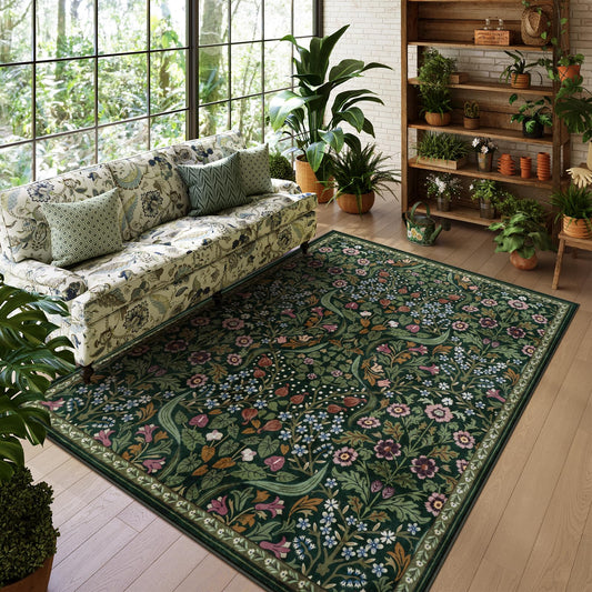Lahome Green Floral 5x7 Rug, Washable Botanical Area Rug for Living Room, Soft Low Pile Vintage Cottagecore Flower Carpet for Nursery, Bedroom, Dining Room, Reading Room