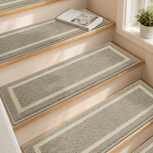 COSY HOMEER Soft Stair Treads 15pcs Non-Slip Carpet Mat 28inX9in Indoor Stair Runners for Wooden Steps,Stair Rugs for Kids and Dogs, 100% Polyester TPE Backing Beige