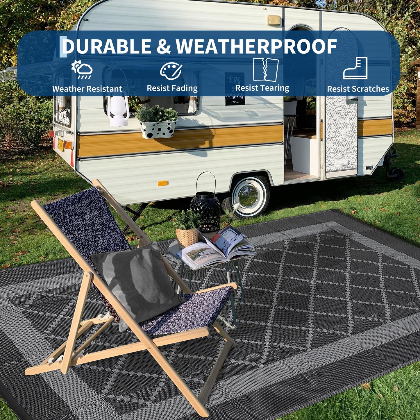 LUXLOOM 8x10 Outdoor Rug Waterproof Portable Plastic Straw Reversible Rugs with Carry Bag & Stakes, UV-Resistant Lightweight Outdoor Carpet Foldable Camping Mat for Patio RV Backyard Picnic Black Grey
