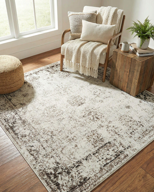 Rugs.com - Monte Carlo Rug – 5 Ft Square Beige Easy-Clean Rug – Distressed Medallion for Living Rooms, Bedrooms, and Entryways