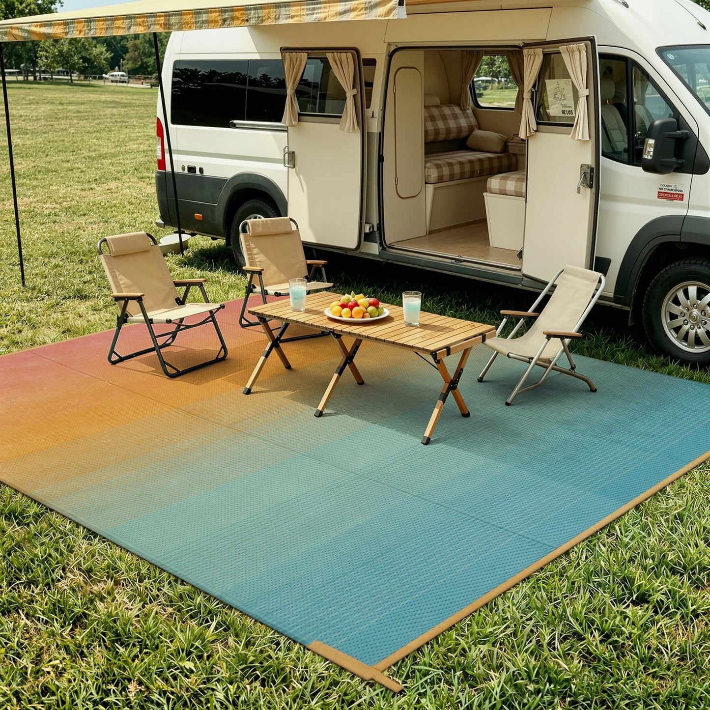Lahome Camping Rugs for Outside Your Rv 5x8 Indoor Outdoor Carpet Waterproof Plastic Straw Rug, Reversible Camping Mats Large Porch Rug for Patio,Backyard, Balcony,Deck,Blue-Orange 5x8